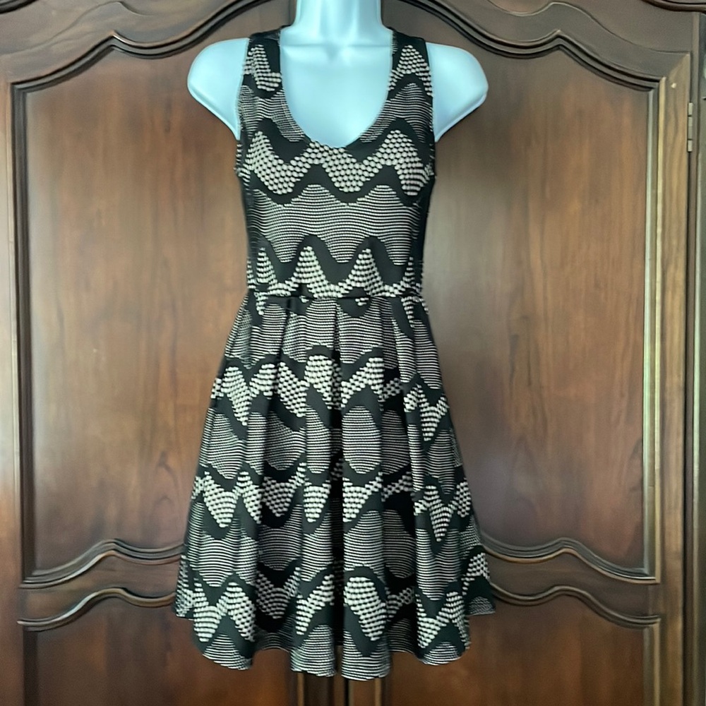 Everly Black Beige Geometric Fit & Flare Dress Small Sleeveless Skater